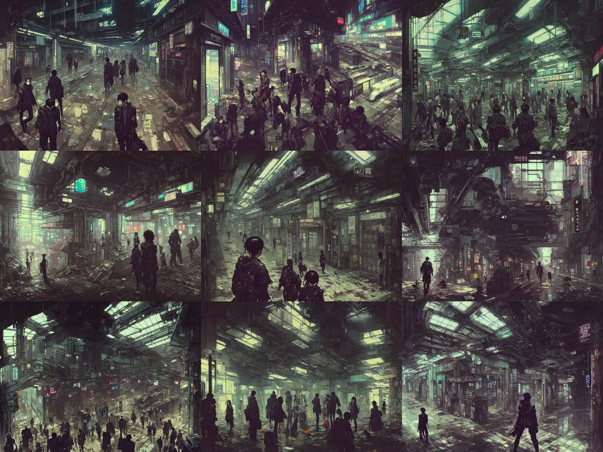 Prompt: hyper - realistic cyberpunk portrait of abandoned tokyo subway station, lots of signs, extreme detail, in style of yoji shinkawa, pan ren wei, col price, atey ghailan, by greg rutkowski, by greg tocchini, by james gilleard, by joe fenton, by kaethe butcher, grunge aesthetic