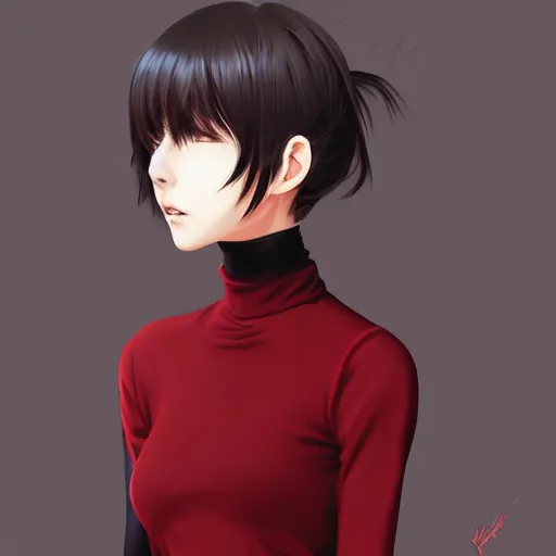 Prompt: anime girl in dark red turtleneck, black coat, elegant, 2d, ultra highly detailed, digital painting, smooth, sharp focus, artstation, portrait art by Ilya Kuvshinov