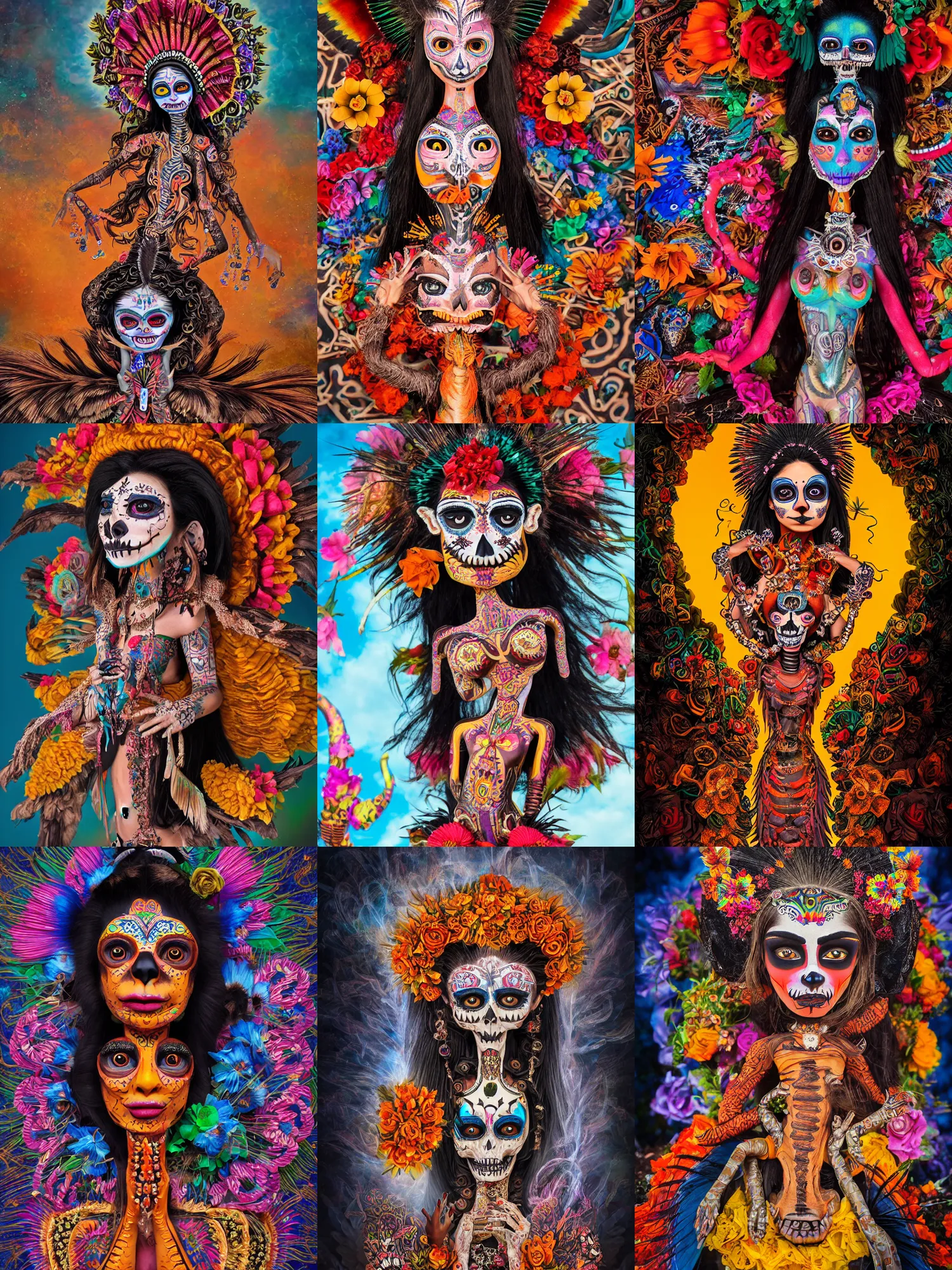 Prompt: A beautiful Mexican goddess. She represents death and fertility. She appears as the Fire Goddess, and a young beautiful Indigenous Mexican woman. Lowbrow, pop surrealism art style, alebrijes aesthetic, contemporary art illustration, photography by Steven Curry, ultra real 8k photography