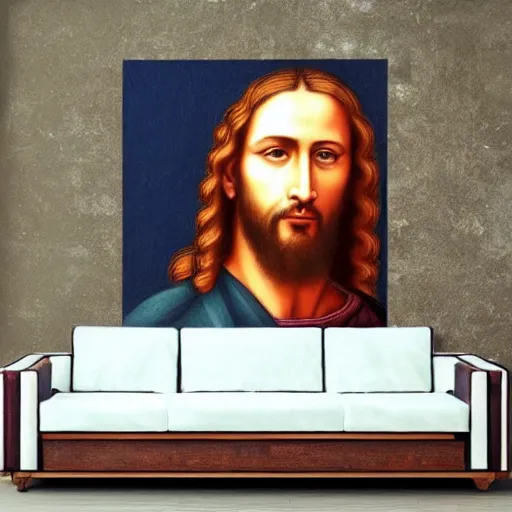 Prompt: portrait of jesus christ preaching at shopping mall photorealistic frame on the wall ultra-realistic in the colourful style of leonardo da vinci artstation hd oil painting Renaissance painting