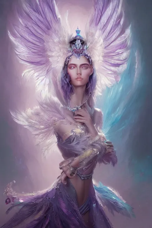 Prompt: beautiful princess with face covered with purple crystals wearing frost feathers, diamonds, angel, fantasy, dramatic lighting, highly detailed, digital painting, magic the gathering, 3 d render, hyper realistic detailed portrait, peter mohrbacher, wlop, ruan jia