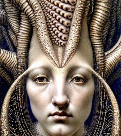 Image similar to detailed realistic beautiful horn goddess face portrait by jean delville, gustave dore, iris van herpen and marco mazzoni, art forms of nature by ernst haeckel, art nouveau, symbolist, visionary, gothic, neo - gothic, pre - raphaelite, fractal lace, intricate alien botanicals, biodiversity, surreality, hyperdetailed ultrasharp octane render