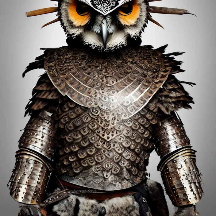 Prompt: photograph of a warrior with meal ornate owl armour. Extremely detailed. 8k