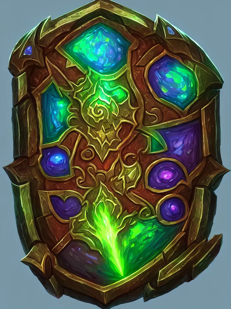 Prompt: square bright shield of warcraft blizzard shield art, a spiral colorful gems shield. bright art masterpiece artstation. tree and roots shield, 8 k, sharp high quality illustration in style of jose daniel cabrera pena and leonid kozienko, green colored theme, concept art by tooth wu, card frame