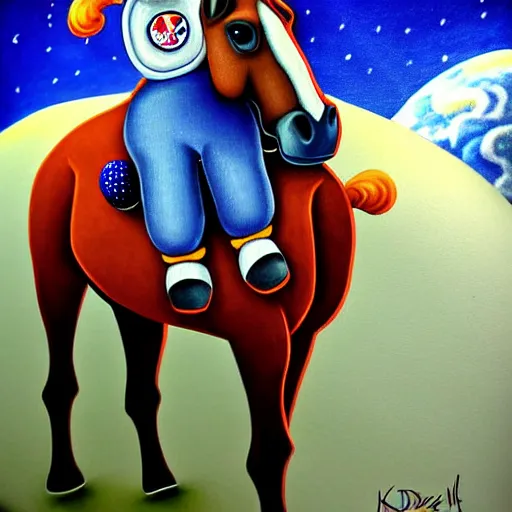 Image similar to a horse like a baby sits on the back of an astronaut - realistic, style by kezie demessance