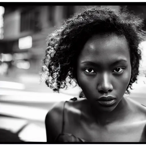 Prompt: portrait face of a beautiful gorgeous black edgy model girl with short hair, she's sad, sunset, street of hong kong, 8 0 mm lens, 1. 2 aperture, grainy image, close up, cinematic light, 8 k, 4 k, very detailed, depressing atmosphere, cover magazine