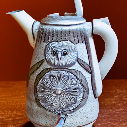 Prompt: still life photograph of an owl kettle, glazed ceramic, tilt shift, very beautiful, global illumination, intricate linework, short spout