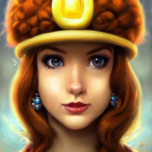 Image similar to beautiful close up, princess daisy from super mario as realistic brunette human character art portrait, matte fantasy painting, deviantart artstation, by jason felix by steve argyle by tyler jacobson by peter mohrbacher, cinema c 9. 0