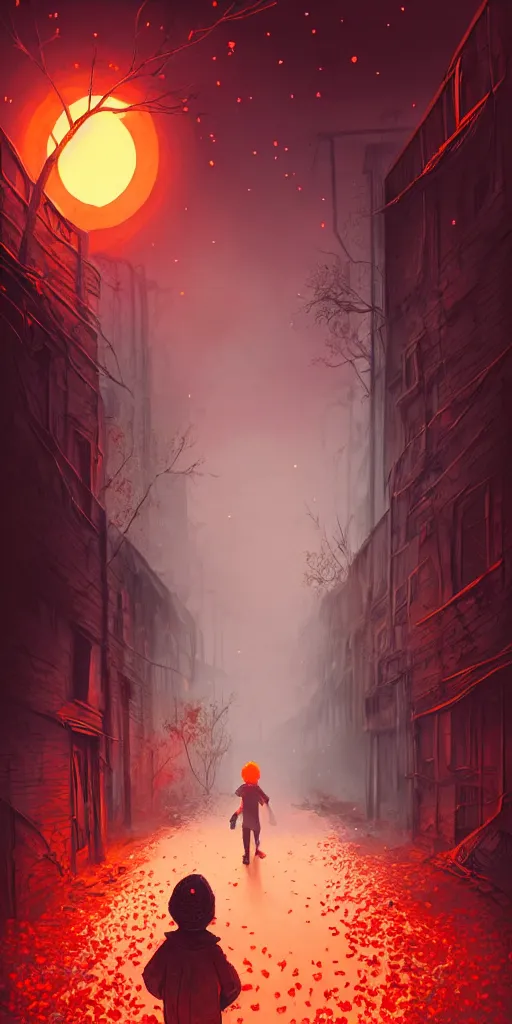 Image similar to abandoned apocalyptic old alley with a kid at the centre, trees and stars background, falling petals, epic red - orange sunlight, perfect lightning, illustration by niko delort,