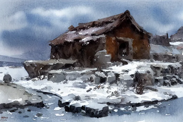 Image similar to small centered on watercolor paper, paint brush strokes, abstract watercolor painting of ancient viking house ruins in snow, daylight, blue sky, cinematic light, national romanticism by hans dahl, by jesper ejsing, by anders zorn, by greg rutkowski, by greg manchess, by tyler edlin