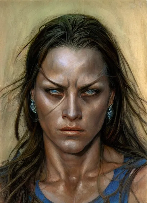 Prompt: frontal portrait of a emotional muscular female survivor in a city, by donato giancola