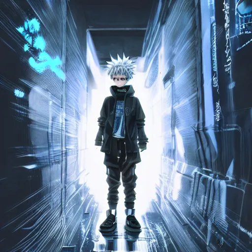 Image similar to killua zoldyck, edgy streetwear, techwear, cyberpunk style outfit, scifi, blue side lighting, detailed portrait, intricate complexity, by greg rutkowski, ross tran, conrad roset, takato yomamoto, ilya kuvshinov. 4 k, beautiful, aesthetic octane render, cinematic dramatic atmosphere