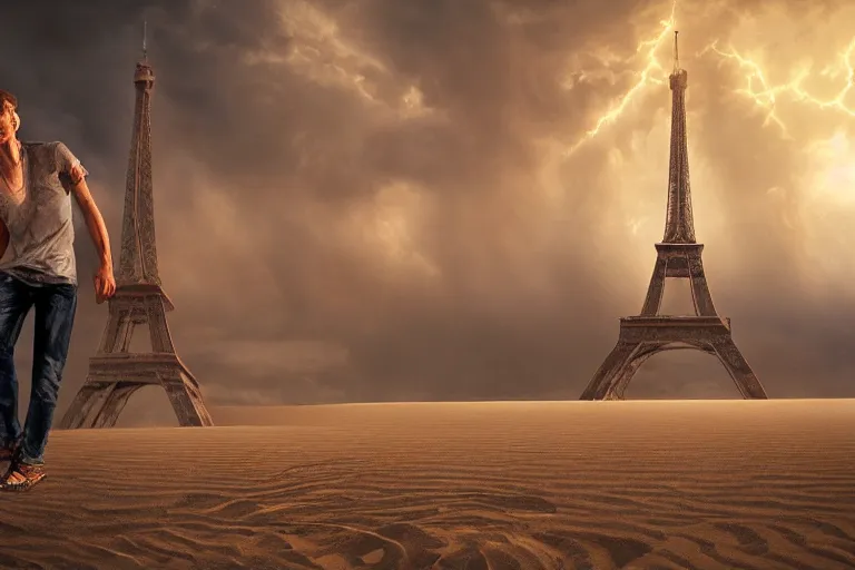 Image similar to a tall skinny man in the desert looking at the summit of the Eiffel Tower partly emerging from the sand by Jonas De Ro, digital painting, cinematic lights, atmospheric, sand, stormy horizon