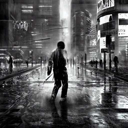 Prompt: a highly detailed epic cinematic black and white cyberpunk painting artwork inspired by Henri Cartier-Bresson's Behind Gare Saint-Lazare, man jumping over a puddle of water. World Press Photo winner, enhanced and corrected in Photoshop, octane render, excellent composition, cinematic atmosphere, dynamic dramatic cinematic lighting, aesthetic, very inspirational, arthouse