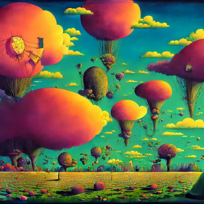 Image similar to surreal glimpse into other universe, zeppelin, island, summer morning, very coherent and colorful high contrast, art by! gediminas pranckevicius! geof darrow, pastel color, volumetric lighting, cinematic, floralpunk screen printing woodblock, dark shadows, hard lighting, stippling art, cel shaded