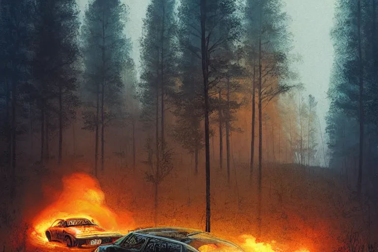 Image similar to burning car driving through a beautiful swedish forest, highly detailed, hyperrealistic, very sharp focus, intricate, soft lighting, dramatic, digital painting by simon stålenhag