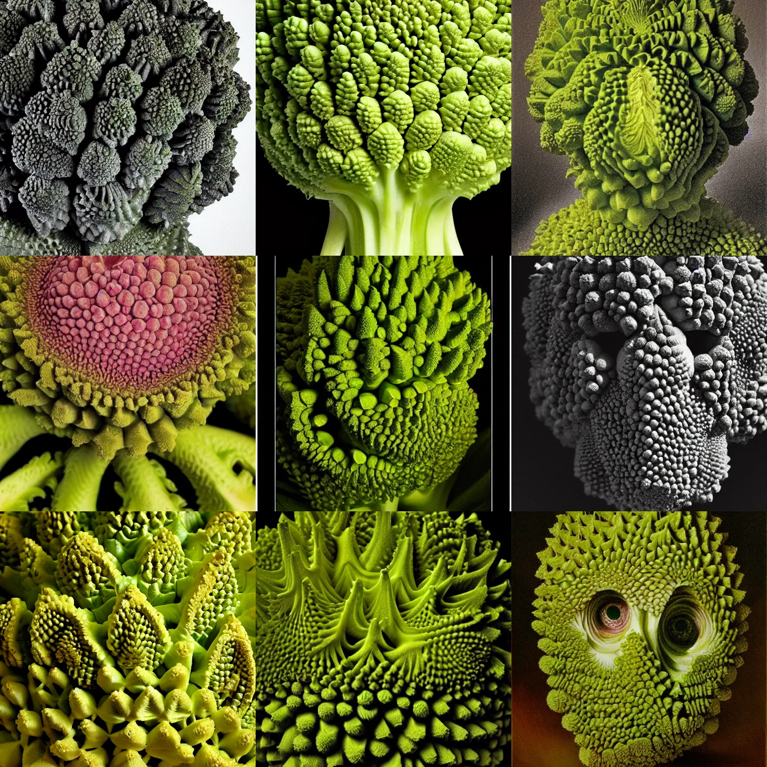 Prompt: romanesco brocoli female face, arcimboldo, close up, highly detailed, dramatic intense lighting, deep shadows, wet, foggy