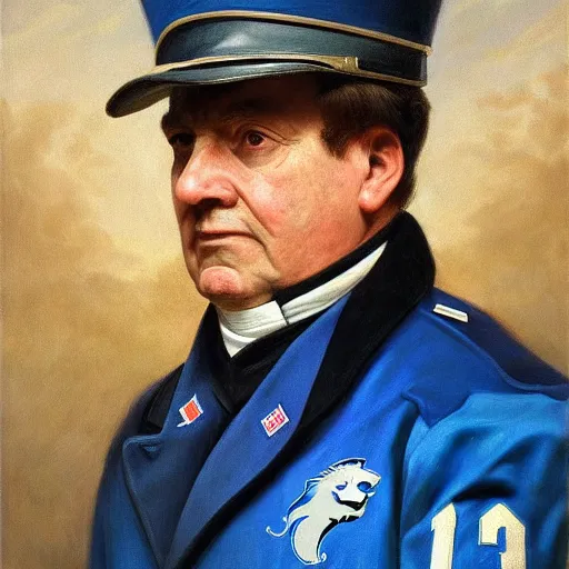 Image similar to facial portrait of nfl detroit lions dictator, military uniform, blue and silver, 1 8 3 4, oil on canvas by william sidney mount, trending on artstation