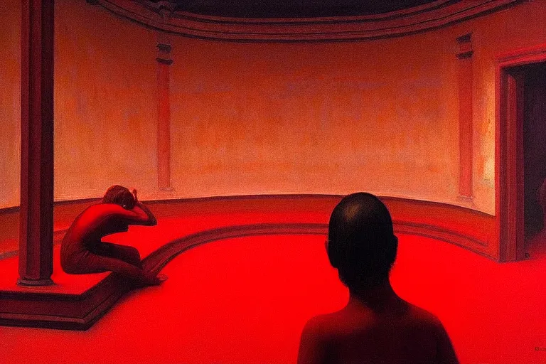 Image similar to only with red, crowd screaming, an exposed painting in a roman theater, in the style of beksinski, parts by edward hopper, parts by rodcenko, parts by yue minjun, intricate and epic composition, red by caravaggio, insanely quality, highly detailed, masterpiece, red light, artstation, 4 k