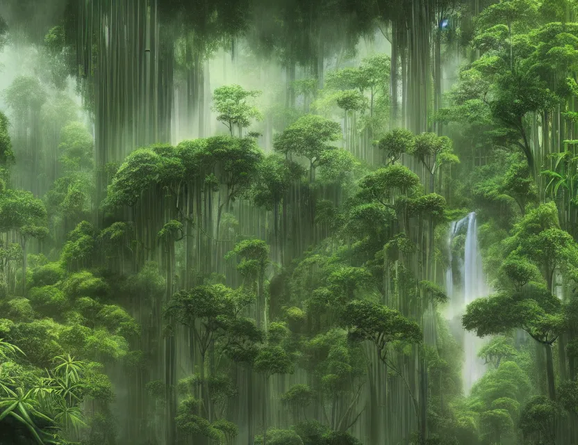 Image similar to a cinematic widescreen photo of ancient japanese temples in a misty bamboo cloud forest with waterfalls at dawn by studio ghibli by roger dean, photorealistic, 7 0 mm