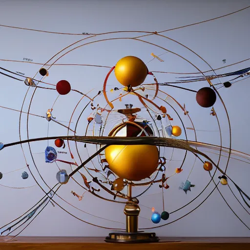 Image similar to a kinetic sculpture of this solar system, sun, orrery, canon 5 d 5 0 mm lens, papier - mache, studio, circa 2 0 8 8