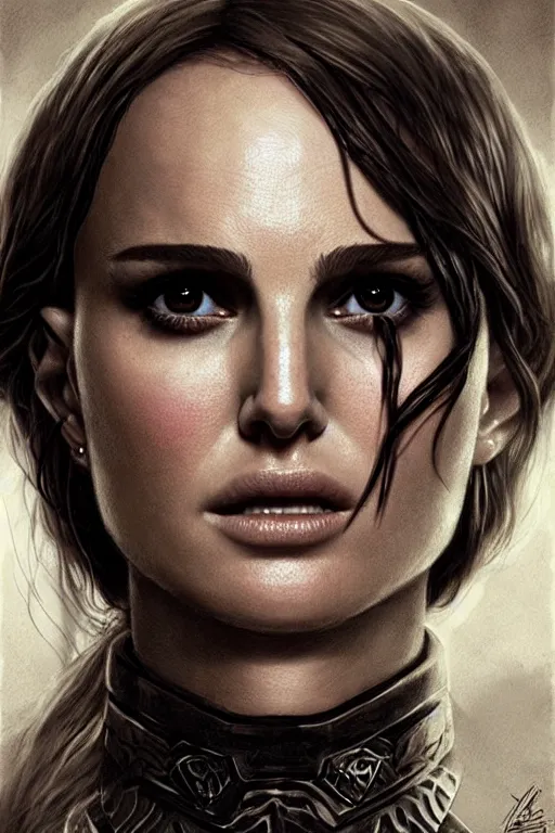 Prompt: portrait, natalie portman, battle warrior, lord of the rings, tattoos, decorative ornaments, greg rutkowski, perfect face, fine details, realistic shading, photorealism