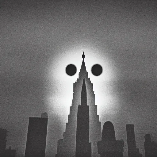 Image similar to an all - seeing eye floating in the sky over a city, high contrast, low key, black and white, newspaper, film grain