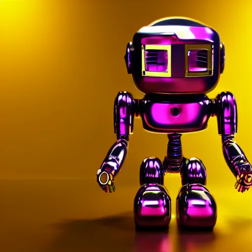 Prompt: gold blue pink black cute robot glowing , 3D render, dark smooth background, studio lighting, vivid colors, unreal engine