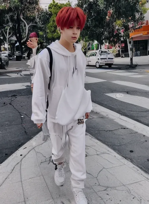 Image similar to photo of PARK JIMIN walking in LA with his boyfriend YOONGI