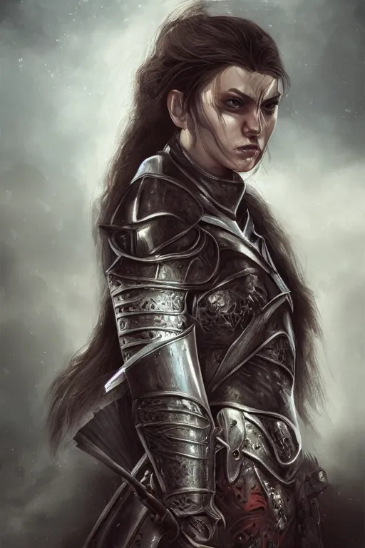 Prompt: half - length portrait of an angry female knight. wrath, revenge, emotions, dramatic. fantasy, digital painting, hd, highly detailed.