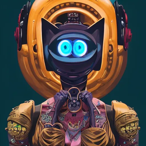 Image similar to a portrait of jinx the black cat as a god of destruction, with an intricate, detailed, urban inspired hiphop robot eye, vector behance hd jesper ejsing, rhads, makoto shinkai, lois van baarle, ilya kuvshinov, rossdraws, hd, 3 2 k, ilya kuvshinov, gustav klimt