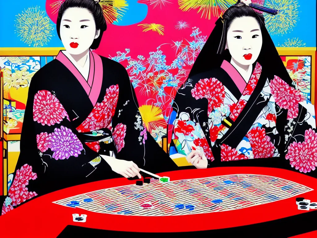 Image similar to hyperrealistic composition of the detailed woman in a japanese kimono sitting at a poker table with detailed darth vader, fireworks, beautiful mountain in the background, pop - art style, jacky tsai style, andy warhol style, acrylic on canvas