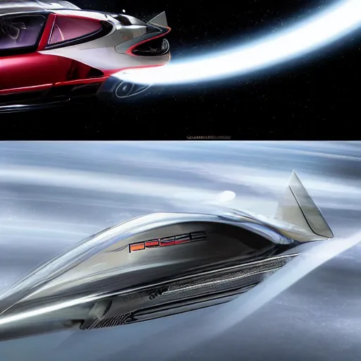 Prompt: a porsche 911 reimaged as a spaceship, flying through space at the speed of light