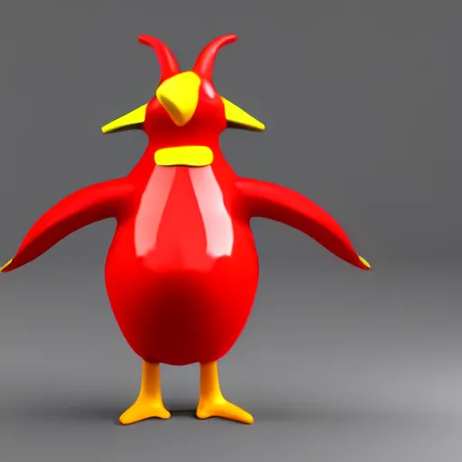 Image similar to 3 d model of a red penguin with horns wearing a belt, blender render, fully in frame