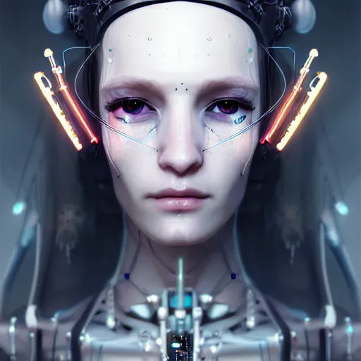 Image similar to cyberpunk robotic dark elvish queen, diadem on the head, cyber implants, black tears, extremely detailed, hyperrealistic, intricate, soft light, fantasy, digital painting, art station, perfect faces, fine details, by wlop