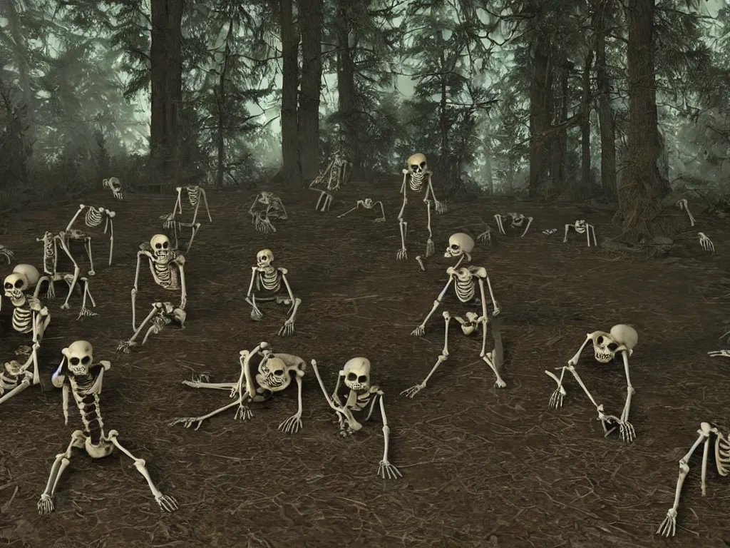 Prompt: frightened screaming human skeletons on amateur home video being attacked by raccoons at night in a dark forest at night, photorealistic amateur photography low camera angle, unreal engine 5 render