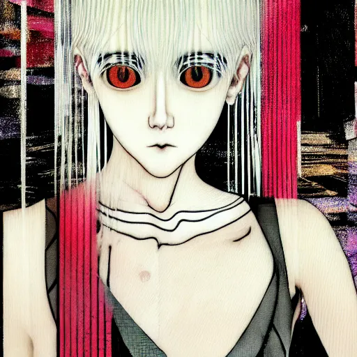 Image similar to yoshitaka amano blurred and dreamy realistic three quarter angle portrait of a young woman with white hair and black eyes wearing dress suit with tie, junji ito abstract patterns in the background, satoshi kon anime, chungking express color palette, noisy film grain effect, highly detailed, renaissance oil painting, weird portrait angle, blurred lost edges