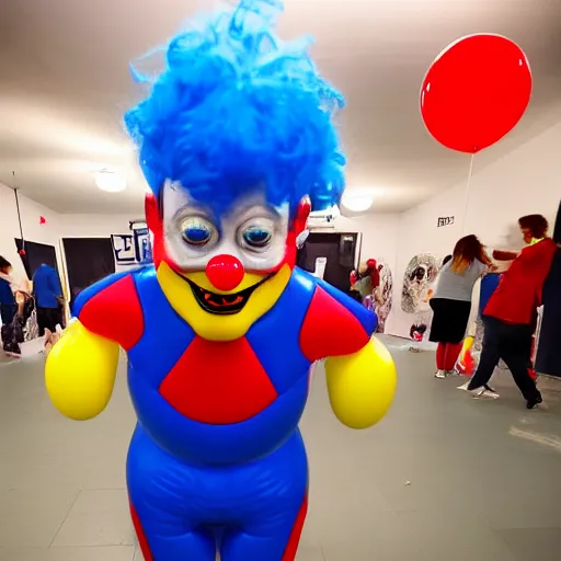 Prompt: chased by a creepy clown in an endless corridor made of bouncy castle