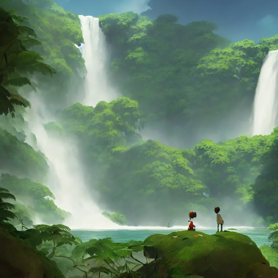 Image similar to Goro Fujita illustrating Front view of a gigantic waterfall surrounded by the Amazon, there are no animals or people, only vegetation, concept art, sharp focus, ArtStation