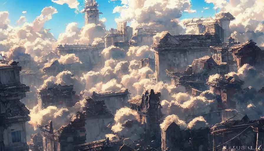 Prompt: a apocalyptic city ruin, fluffy white clouds in the blue sky on a beautiful windy day, trending on pixiv fanbox, painted by takashi takeuchi greg rutkowski makoto shinkai takashi takeuchi studio ghibli