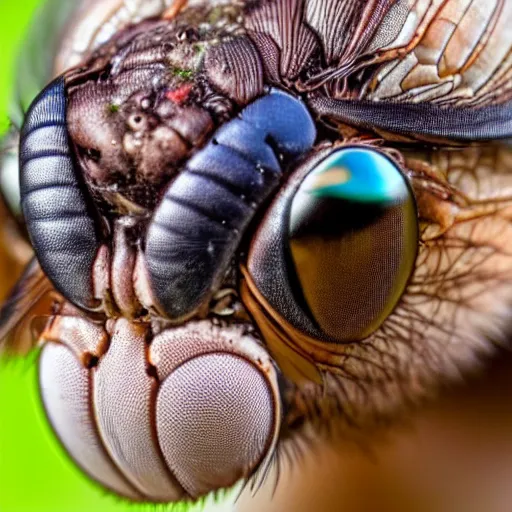 Prompt: close up photo of a human head on the body of a housefly