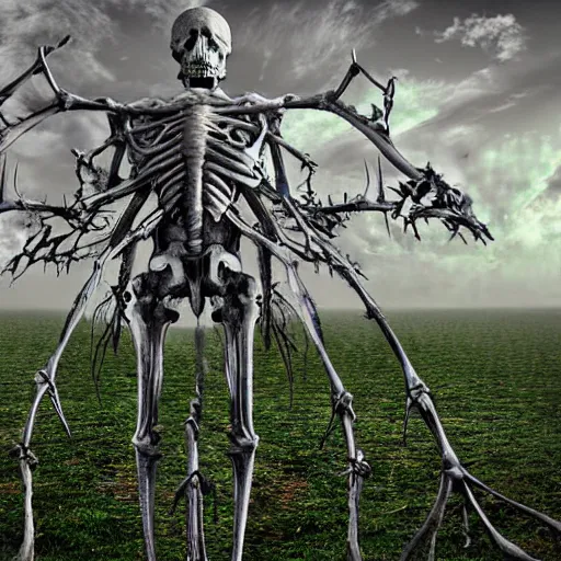 Prompt: a gigantic ethereal godlike skeletal being at the edge of a city, ancient, covered in overgrown leaves and vines and plants, hdr, digital art, dramatic composition