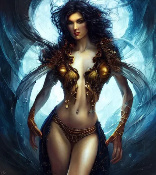 Prompt: a higly detailed full body shot portrait painting of a sensual female fantasy character with piercing beautiful eyes, dynamic lighting, ambient lighting, deviantart, art by artgerm and karol bak and mark brooks