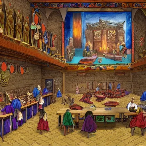 Prompt: classroom in a colorful dungeon where professor teaches ancient mythology with props, many students wearing robes. Highly detailed, intricate, magical vibe, ornate decor