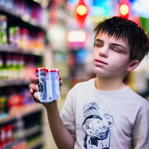 Image similar to cyberpunk young boy buying coke at the shop. 8 k, hd, portrait.