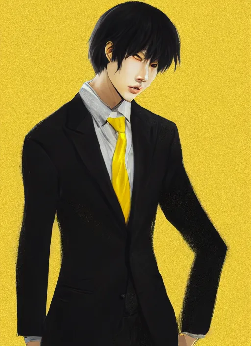 Image similar to a highly detailed illustration of kento yamazaki as pale skin hero wearing black suit and tie with coattails, yellow eyes, dramatic standing pose, intricate, elegant, highly detailed, centered, digital painting, artstation, concept art, smooth, sharp focus, league of legends concept art, wlop.