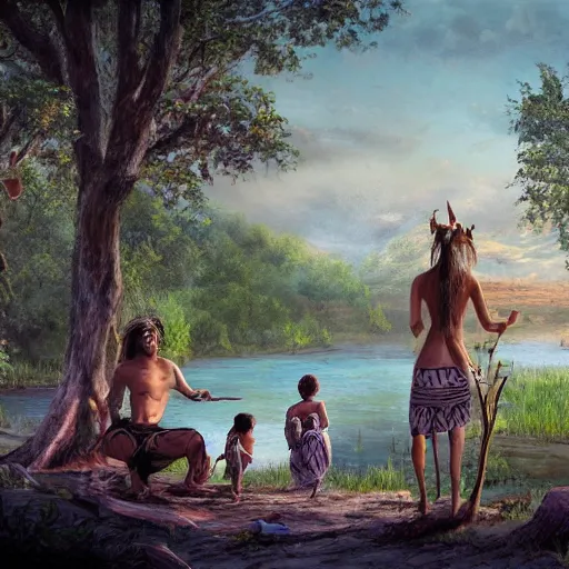 Image similar to a unique native tribal family standing on the banks of a river fantasy concept art detailed high resolution