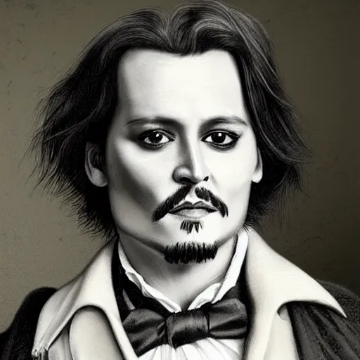 Image similar to old victorian style portrait of johnny depp with a powdered wig and ruffled shirt