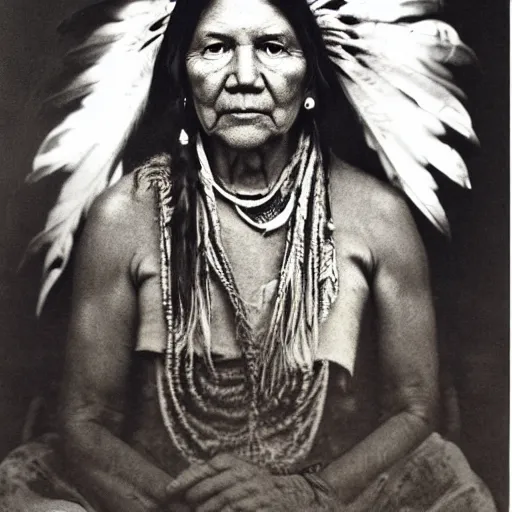 Image similar to elizabeth warren as native american chief, old photograph, sepia, highly detailed,