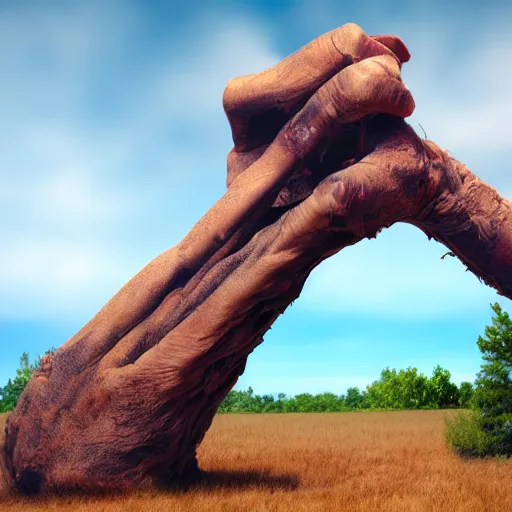 Image similar to a giant arm reaching out of the sky, grabbing a house and ripping it out of the ground, 4k